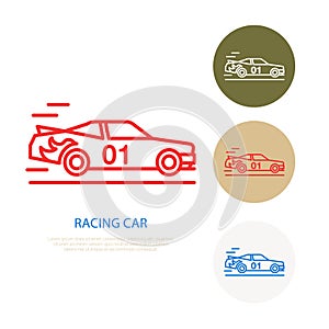 Racing sport car vector line icon. Speed automobile logo, driving lessons sign. Automo championship illustration