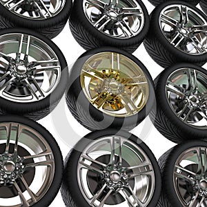 Racing tires with chrome and gold rims