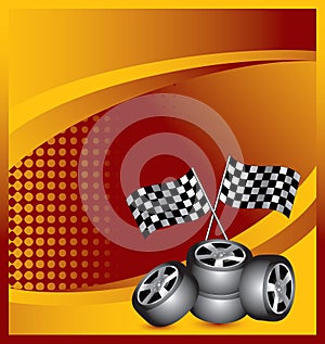 Racing tires and flags on orange halftone template