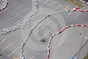 Racing track with one car. The view from the top. Workout. Riding at speed