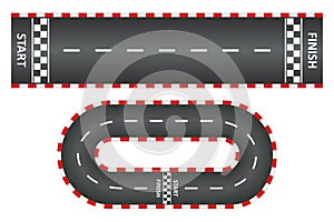 Racing track, top view of asphalt roads set, kart race with start and finish line. Vector.