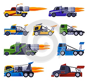 Racing Trucks Collection, Fast Heavy Sport Vehicles Freight Machines Flat Vector Illustration
