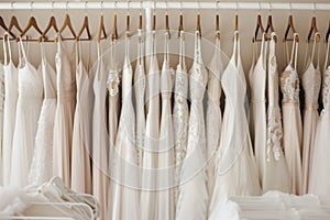 a rack of aline wedding dresses in a clean store setting photo