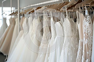 a rack of aline wedding dresses in a clean store setting photo