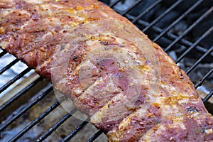 Rack of Baby Back Rib with Dry Rub Barbecuing on a Charcoal Grill I photo