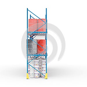 a rack with barrels and cans on it on a white background, 3d rendering