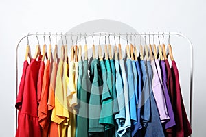 Rack with bright clothes on background. Rainbow colors
