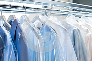 Rack with clothes, clean shirts on hangers after dry cleaning process. Clothing in plastic bags in the foreground on a soft