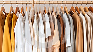 Rack of Clothes Hanging on Wooden Rail