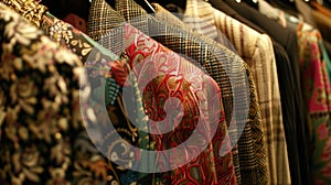 A rack of coats and jackets ranging from sleek and modern to elaborate and periodspecific