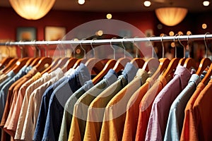 Rack of colorful shirts on display in retail shop or selection of home wardrobe clothing fashion photo