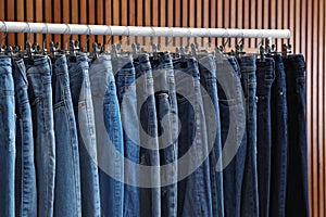 Rack with different stylish jeans on wooden background