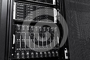 Rack disk storage in a modern data center. black and white