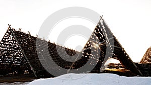 Rack with dried stockfish heads in Laukvik on the Lofoten in Norway in winter