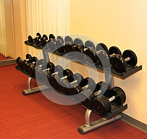 Rack of Dumbbells in a well decorated gym.