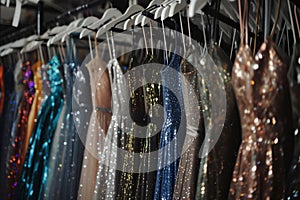 rack of evening dresses with shimmering fabrics in a retail space