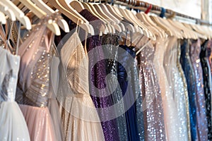 rack of evening dresses with shimmering fabrics in a retail space