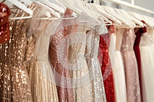 rack of evening dresses with shimmering fabrics in a retail space