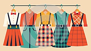 A rack filled with retro plaid skirts collared blouses and suspenders.. Vector illustration.