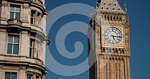 Rack focus to Big Ben, Houses of Parliament, Westminster, London, England