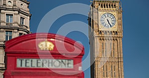 Rack Focus to Big Ben from a Red Telephone Box, London, England