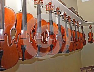 Rack of hanging violins 5