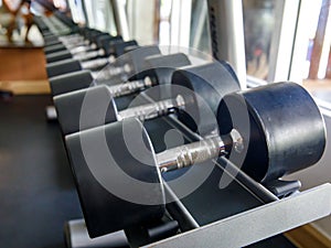 A rack of heavy round dumbbells at empty gym or fitness club.