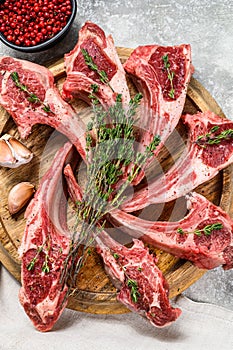 Rack of lamb , raw meat with bone, chops with salt, pepper. Gray background. Top view