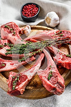 Rack of lamb , raw meat with bone, chops with salt, pepper. Gray background. Top view