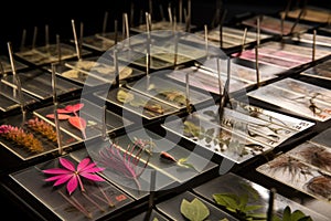 rack of microscope slides with various plant specimens