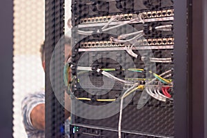 Rack Mounted Servers In A Server Room, close up