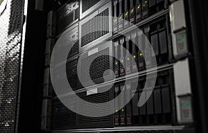 Rack mounted system storage blade servers background selective focus