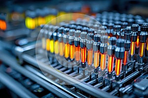 Rack of precision screwdrivers and dividers arranged by size and order, workshop bench perspective m