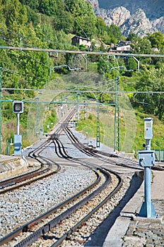 Rack railway railroad tracks in Vall de Nuria, Spain