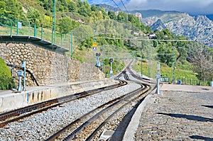 Rack railway railroad tracks in Vall de Nuria, Spain