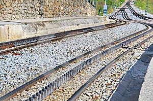 Rack railway railroad tracks in Vall de Nuria, Spain