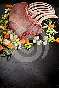 Rack red meat and various vegetables on hot plate