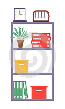 Rack with shelves, furniture, office stand with folders, boxes with files, newton s cradle, clock