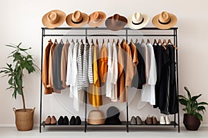 Rack with stylish clothes, shoes and accessories in room. Interior design, Building stylish wardrobe, seasonal capsule for easy