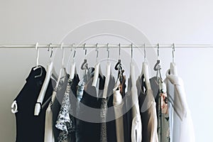 Rack with stylish women`s clothes. Concept for shopping store, beauty, fashion