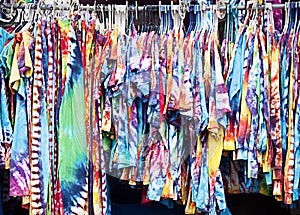 Rack of tie-dyed clothing