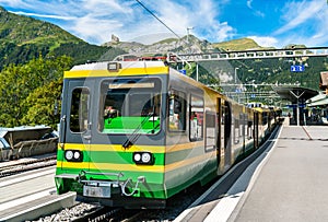 Rack train in Wengen above the Lauterbrunnen Valley, Switzerland