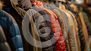 A rack of winter coats and jackets now heavily discounted and ready to be purchased for future cold weather