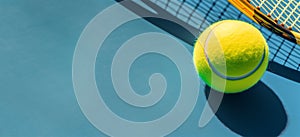 Racket, ball and tennis court with copy space. Tennis balls and racquet on tennis court background. Space for text. Generative AI