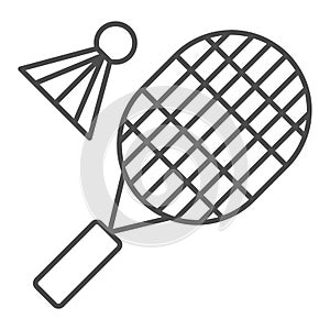 Racket and shuttlecock thin line icon, sport concept, Badminton sign on white background, Badminton sport icon in