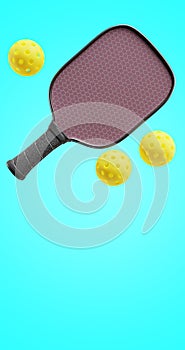 Racket and sports balls for pickle ball. 3d rendering