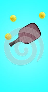 Racket and sports balls for pickleball. Turquoise background