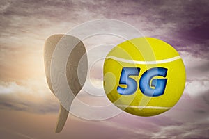 A racket throw a tennis ball with the letter 5G on it in sunset magenta day. What is 5G or Speed or advanced bandwidth