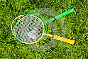 Rackets for badminton and a shuttlecock