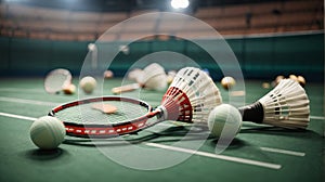 Rackets and shuttlecocks for badminton. Sports equipment